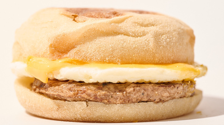 Turkey sausage english muffin sandwich on a table