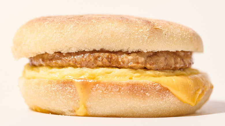 Sausage English Muffin sandwich on a table