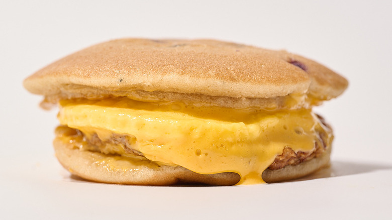 blueberry griddle cake sandwich on a table