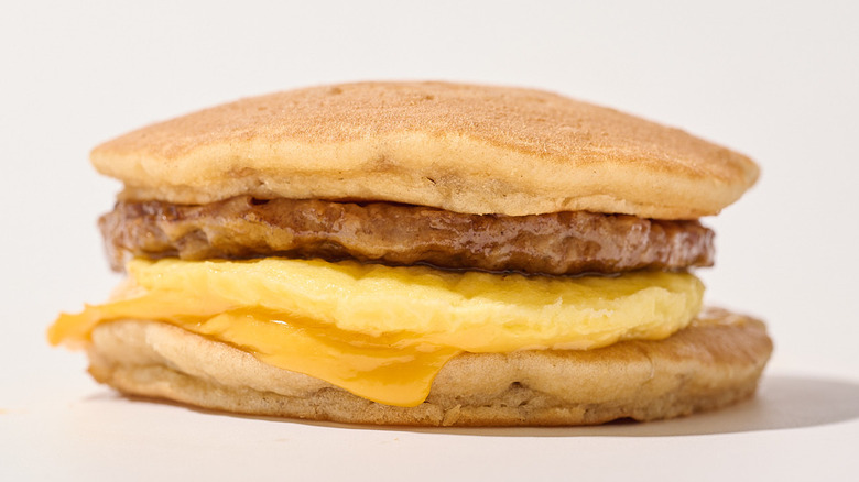 Maple griddle cake sandwich on a table