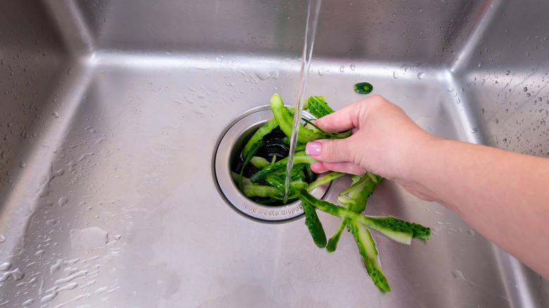 A person brushing cucumber peels down the sink