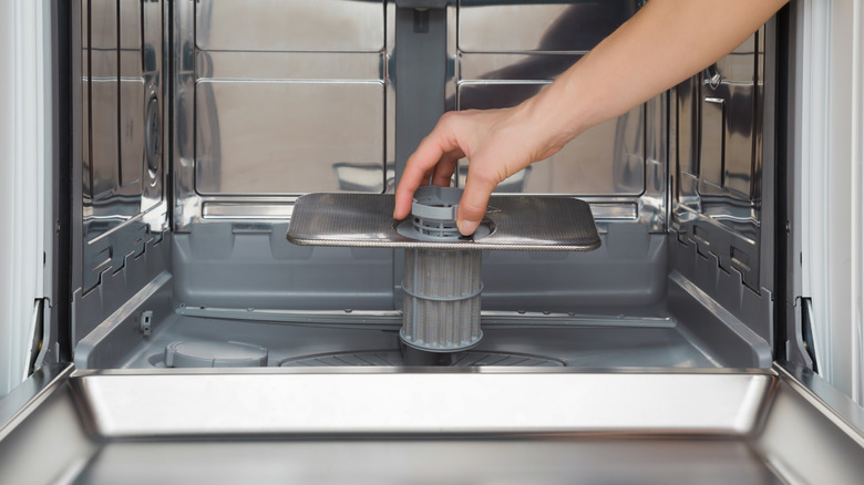 Someone removing the filter from a dishwasher