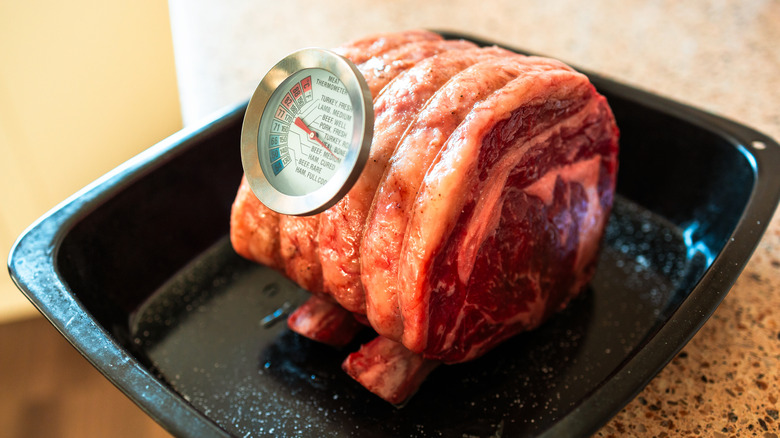Food thermometer stuck in a piece of meat