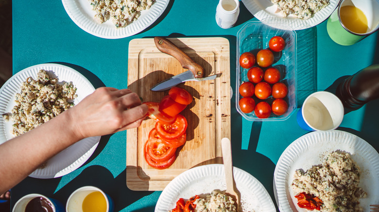 Picnic food on paper plates