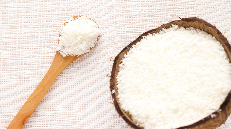 Spoonful of coconut shavings and coconut shell full of shavings
