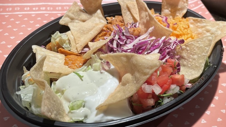 A Cantina Chicken Bowl with tortilla chips