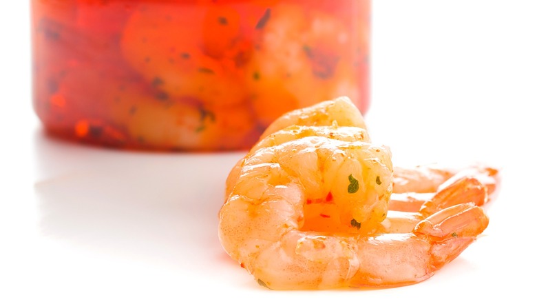 pickled shrimp and jar of pickled shrimp