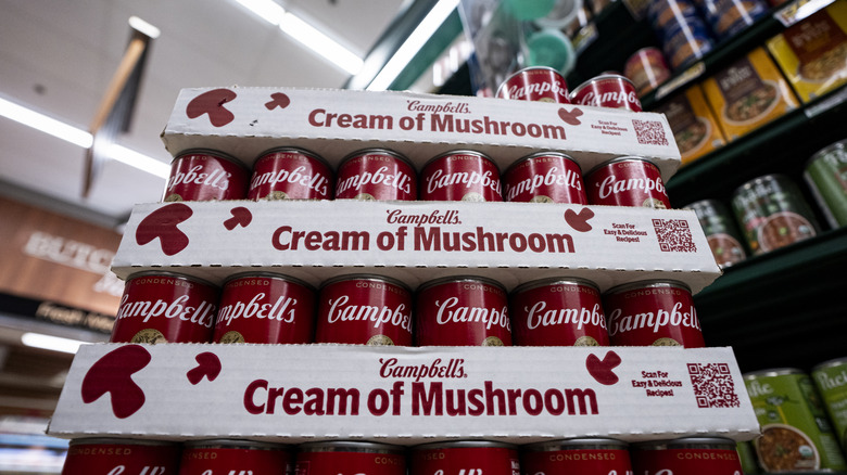 Stacks of Campbell's cream of mushroom soup cans