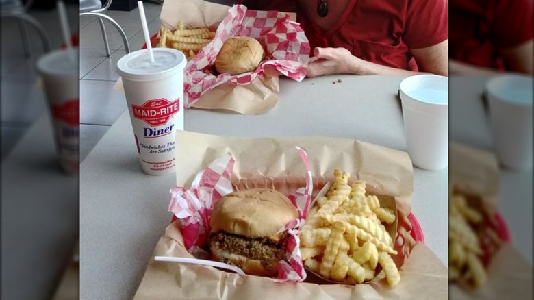 Maid-Rite sandwich, fries, and drink from Maid-Rite Diner