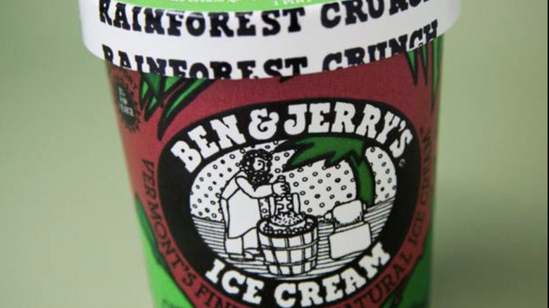 Carton of Ben & Jerry's Rainforest Crunch flavored ice cream