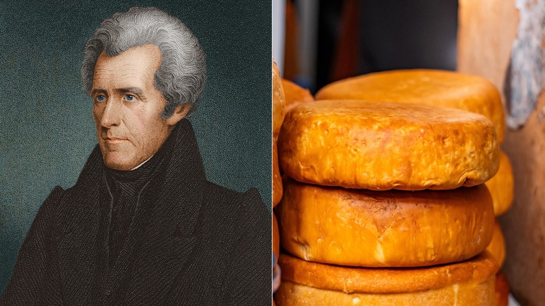 Painting of Andrew Jackson next to photo of stacked wheels of aging cheese