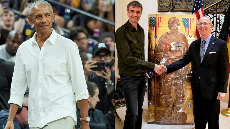 Barack Obama in casual white button up walks at basketball game, and Deputy Chief of Mission Mark Storella shaking hands with Belgian representative presenting Obama gingerbread cookie