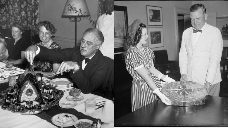 FDR slicing Thanksgiving turkey surrounded by family, and National Cherry Queen Jean Halmond presenting giant pie to Presidential Secretary Edwin M. Watson
