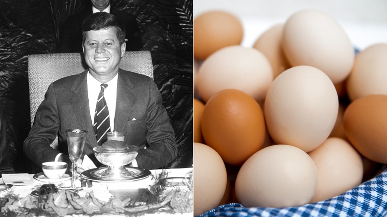 John F. Kennedy smiles at camera sitting at table at a prayer breakfast, and close-up photo of brown and cream eggs on blue gingham cloth-lined basket