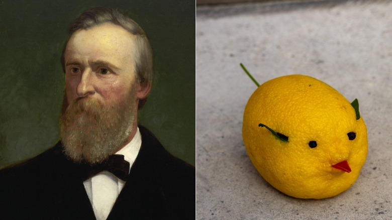 Painting of Rutherford B. Hayes next to a lemon pig with eyes, nose, ears, and tail