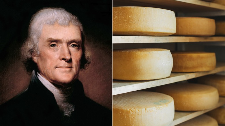 Portrait of Thomas Jefferson next to photo of wheels of aging cheese