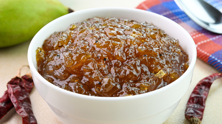 A bowl of mango chutney.