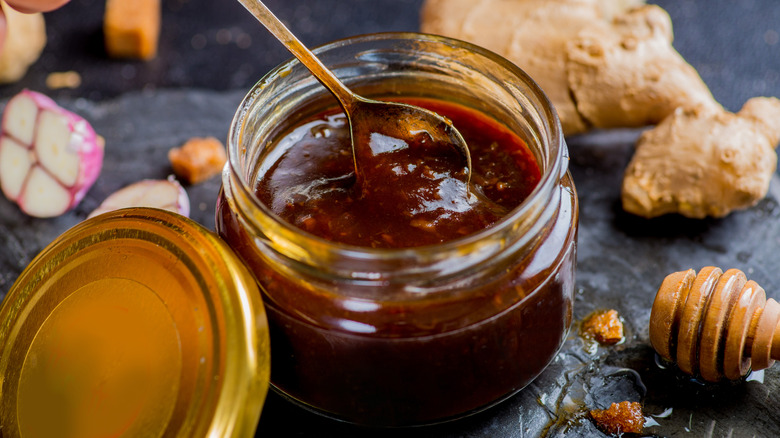 A jar of miso-ginger sauce