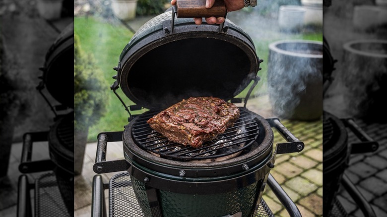Cooking huge steak on Big Green Egg