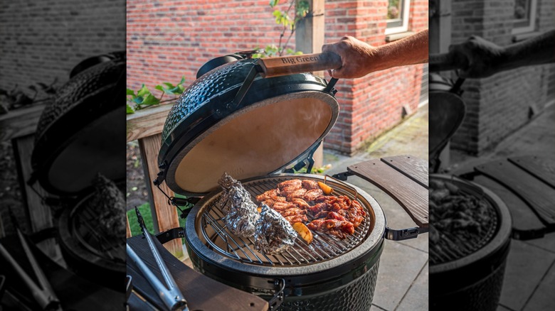 A variety of food items on Big Green Egg