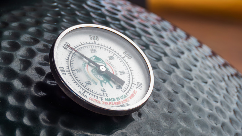 Close up of thermometer on Big Green Egg Dome