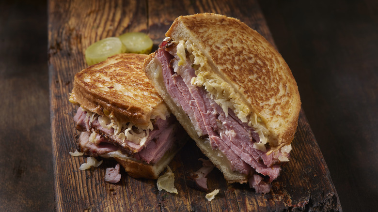 Pastrami reuben on a board
