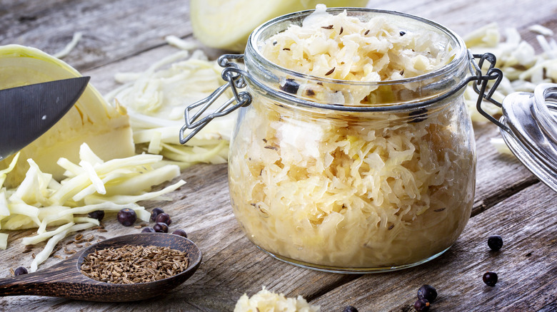 Fresh sauerkraut in glass jar