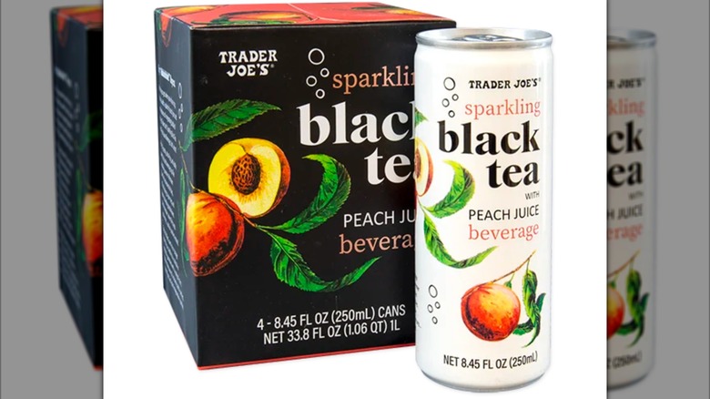 Box and can of sparkling black tea with peach