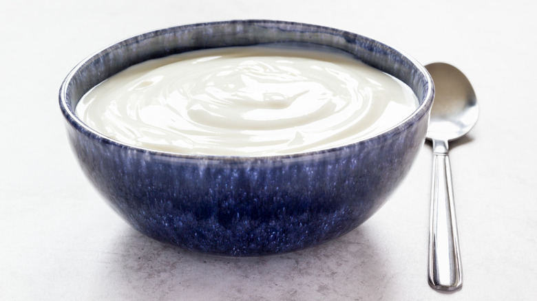 A bowl of yogurt sits next to a metal spoon.