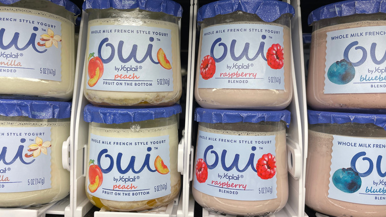 A grocery store stocks French-style yogurt.