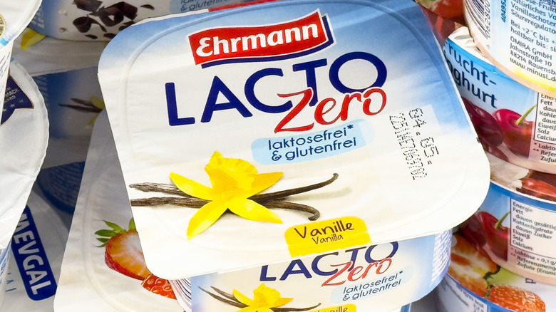 A grocery store stocks lactose-free yogurt.