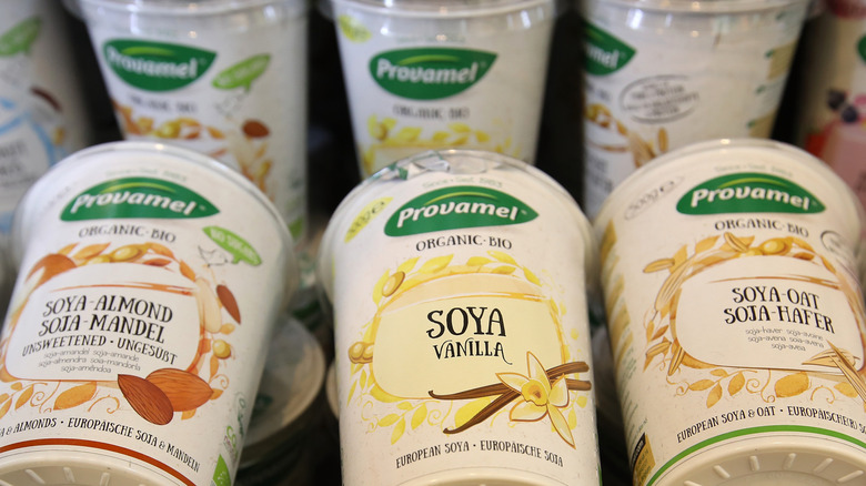 A grocery store stocks plant-based yogurt.