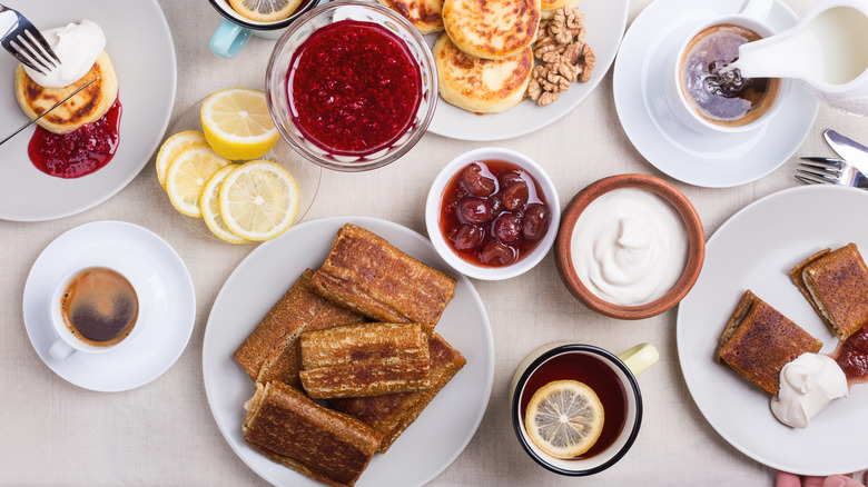 Breakfast table spread overhead