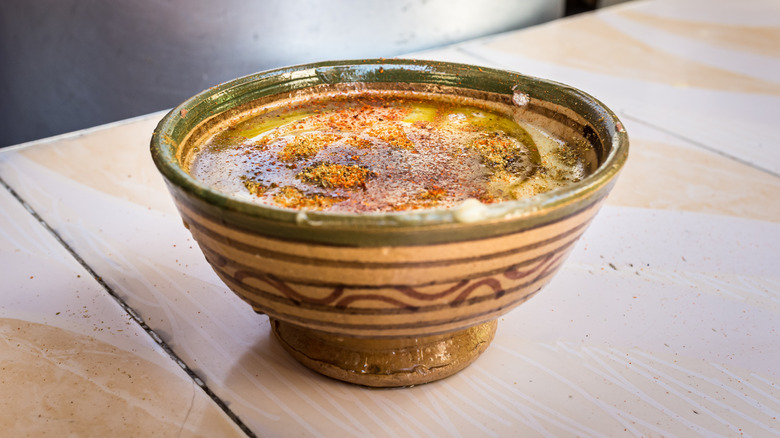 Bissara soup in a crafted bowl