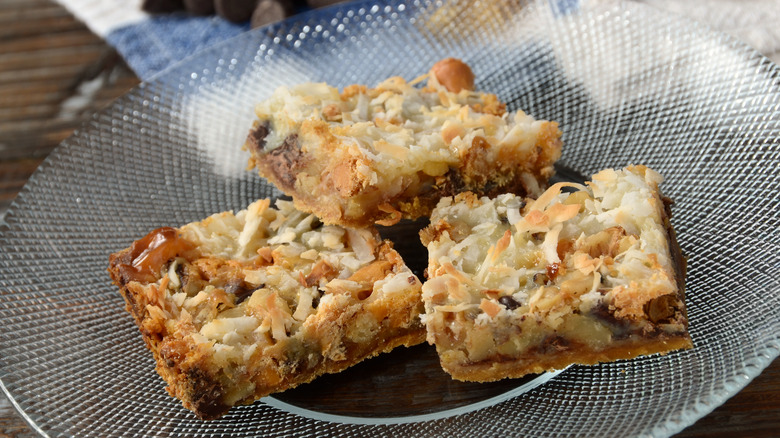 three seven layer bars sitting on a glass plate