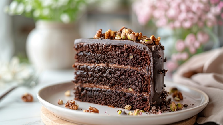 slice of three layer chocolate cake topped with pistachios