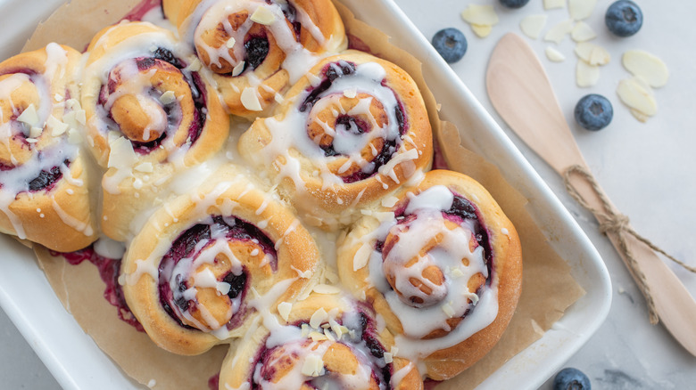 Baking dish of blueberry cinnamon rolls