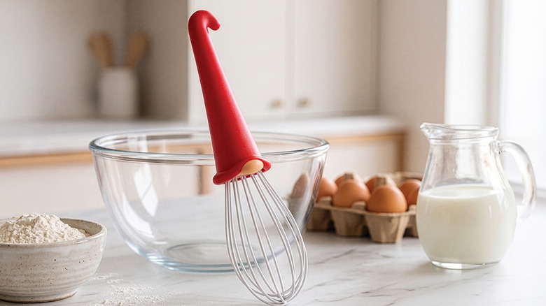 Whisk with a gnome-hat top and a small gnome-shaped nose leaning against a glass bowl on a marble countertop with baking ingredients