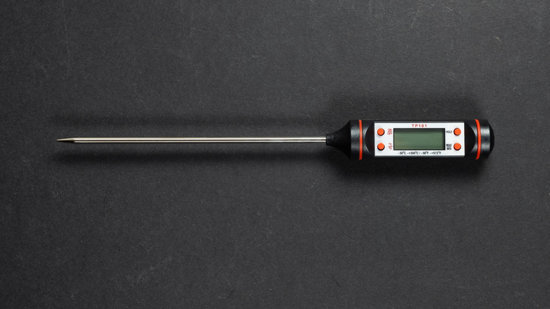 Slender instant read thermometer on black backdrop