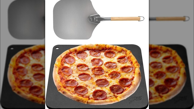 Pizza steel and peel on white surface