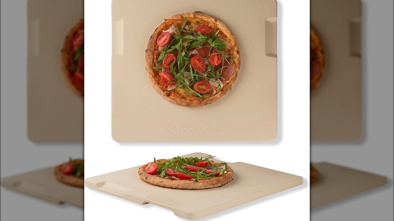 Rocksheat ceramic baking stone with a pizza
