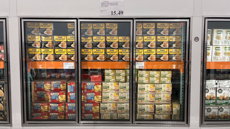 Frozen breakfast meals in a freezer case at Costco