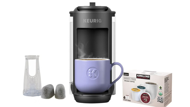 Keurig Coffee Maker with a box of Kirkland coffee pods next to it