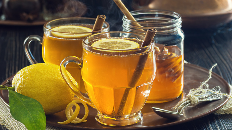Hot toddy cocktails with lemon, honey, and cinnamon sticks