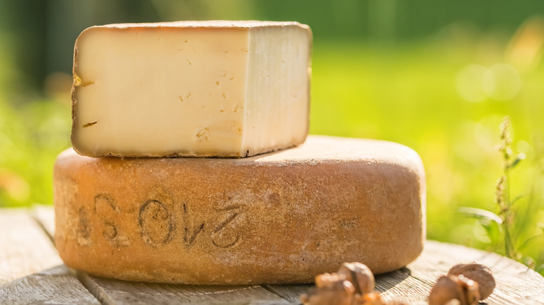 Cheese wheel and cheese wedge on rustic table