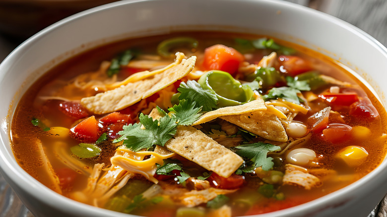 A close up of a bowl of chicken tortilla soup