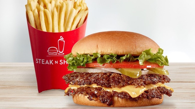 A Steak 'n Shake burger and fries on a table