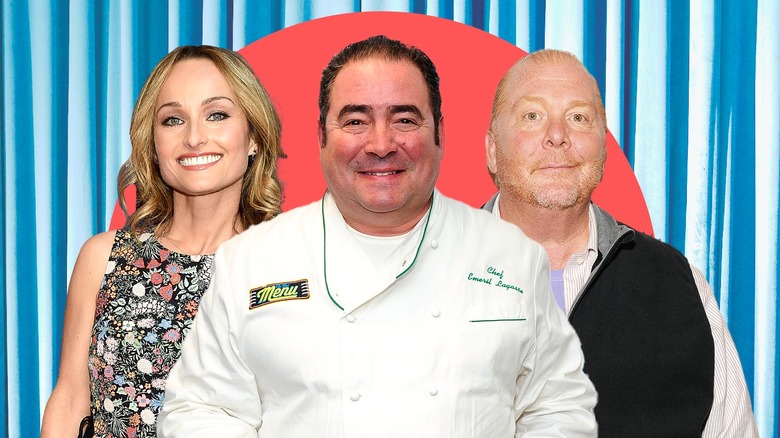 Composite photo with Giada De Laurentiis, Emeril Lagasse, and Mario Batali in front of a red half circle that's in front of a blue curtain