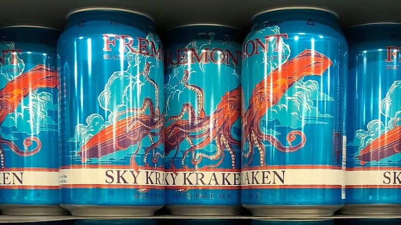 Cans of Fremont Sky Kraken American Hazy Pale Ale on a shelf