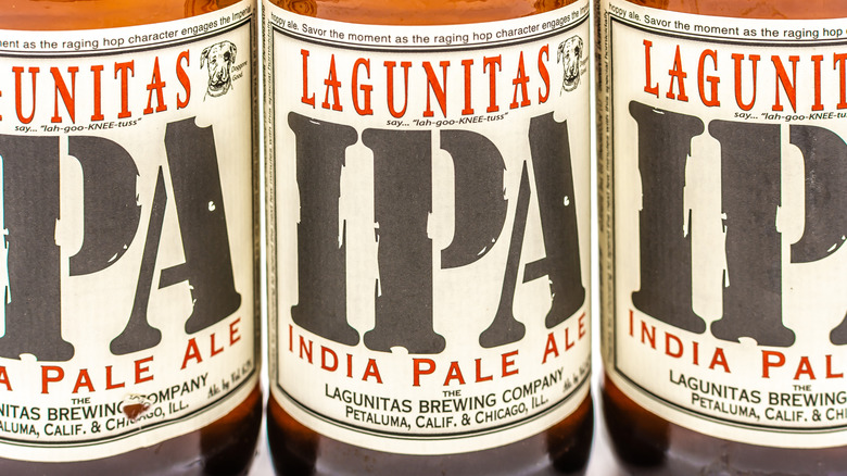 Close-up of the labels on bottles of Lagunitas IPA